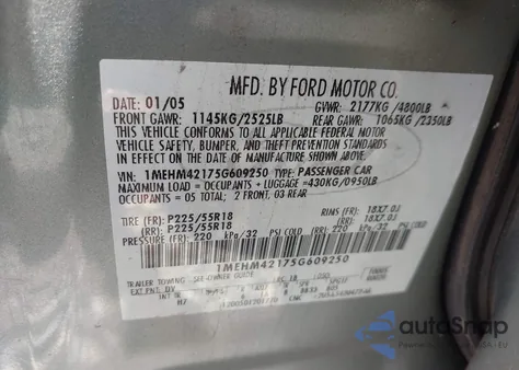 2005 Mercury Montego Premier из США, поврежденный, VIN 1MEHM42175G609250